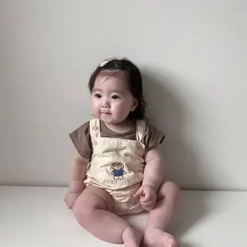 Korėjos Vaikų Drabužių Vasaros Berniukų ir Mergaičių Suspender Jumpsuit Kūdikių ir Kūdikių Rankovių Onesie T-shirt Kostiumas