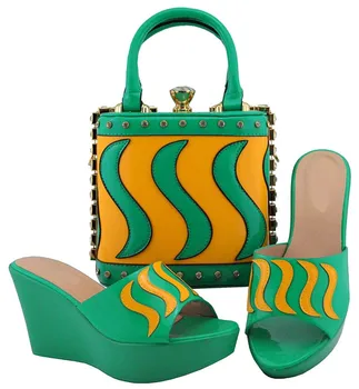 Naujas mados pavasario žalia ir geltona moterų siurbliai, kurio didelis maišas nustatyti afrikos batai rungtynės rankinukas suknelė MD005,kulnas 9.5 CM